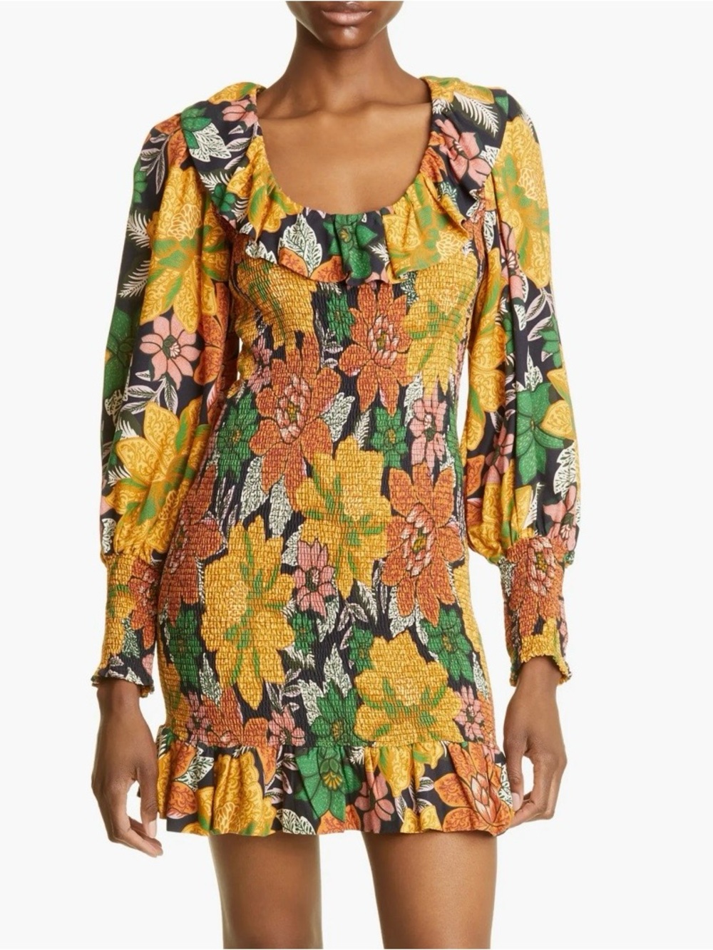 NWT Farm Rio Garden Flower Exclusive Smocked Long Sleeve Mini Dress Ruffled Sz L